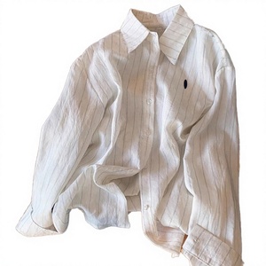 Chemise boutonnée en lin rayée pour femme, manches longues, coupe ample, col rabattu, décontractée, printemps-été - Product Image 2