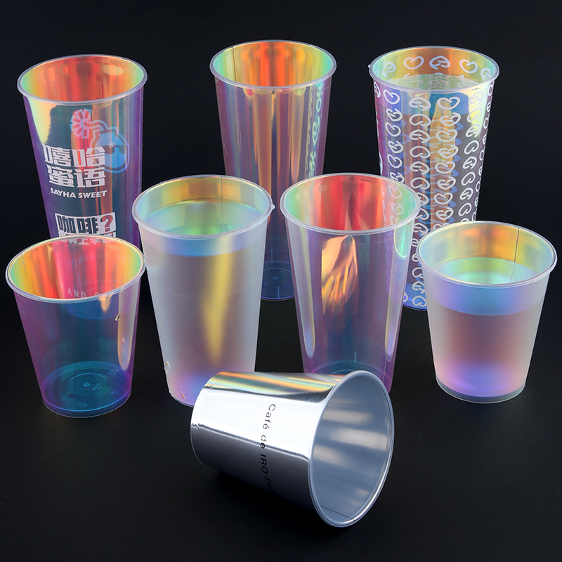 Milk Tea Shops PP 24oz 32oz 12oz 16oz Bubble Tea Cup Cold Drink Custom Logo Iridescent Rainbow Disposable Plastic Cups With Lid