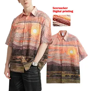 ปรับแต่งเสื้อเชิ้ตผู้ชาย sunset seersucker พิมพ์ดิจิตอลออกแบบเสื้อหลวม