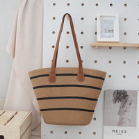 Style campagnard français coton corde tissé grande capacité femmes sac à bandoulière rayé plage panier bord de mer fourre-tout deux poignées ouvertes