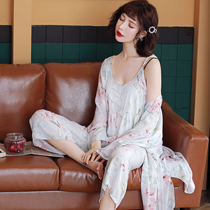 Conjunto de bata de seda y algodón con estampado floral, camisola de manga larga, ropa de dormir para mujer, ropa de dormir de verano estilo coreano - Product Image 2