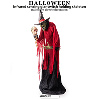 Ornamen Dekorasi Halloween Listrik Luar Ruangan Taman Hiburan Penyihir Berpakaian Merah dengan Kerangka Beserta Sensor Inframerah Besar CZTSY