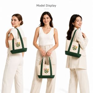 Sac fourre-tout en toile brodé avec logo personnalisé, motif floral, mini sac à main color block vert foncé, sac de courses réutilisable, vente en gros - Product Image 6