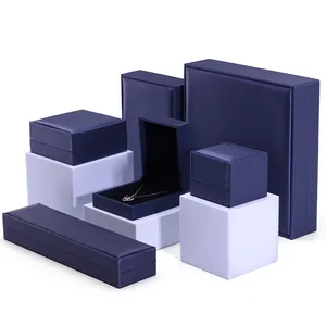 Hanhong Factory Wholesale Custom Luxury Velvet Jewelry Packaging Box Thick Sponge Necklace Ring Box Blue PU Leather Jewelry Box