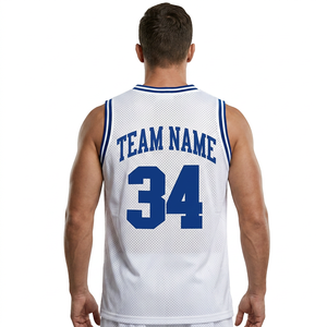 Maillot de basket-ball blanc en mesh pour homme, nom de l'équipe, numéro 34, impression sublimée, sans manches, col rond, respirant - Product Image 2