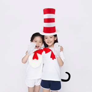 Halloween Dr. Seuss Birthday Party <strong>Hat</strong> Cosplay Makeup Stage Props <strong>Red</strong> White Striped <strong>Top</strong> <strong>Hat</strong> With Tie and Gloves - Product Image 2