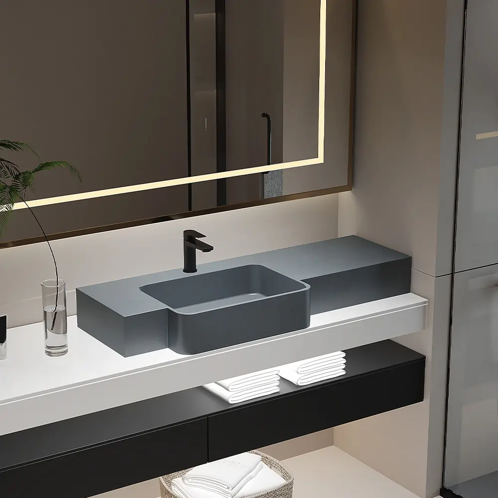 현대 욕실 단단한 표면 싱크대 인공 돌 세면대 캐비닛 벽 장착 직사각형 싱크