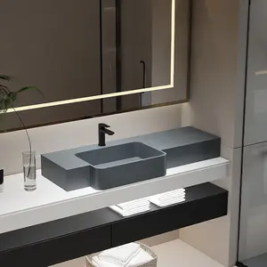 Lavabo de superficie sólida para baño moderno, lavabo de piedra artificial, mueble montado en la pared, lavabo rectangular