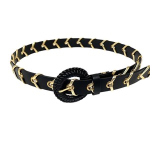 Cintura Vintage di Lusso in Pelle PU Intrecciata per Donne, Catena Metallica Dorata, Fibbia Rotonda alla Moda, Accessorio per Abiti e Cappotti - Product Image 1