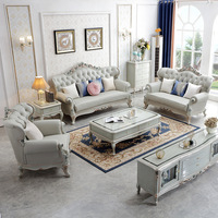 Canapé de luxe classique européen pour villa, style palais français haut de gamme, en cuir bleu combiné, en forme de U, mobile, trois places