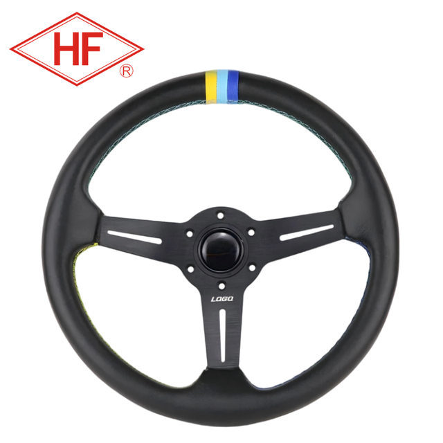 Factory Wholesale Vehicle Modified Drifting Racing 3 Color Stitching 350mm 14inch Leather Steering Wheel with Horn Button
