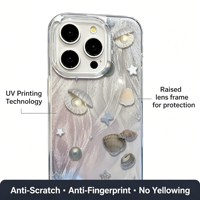 Coque en TPU souple antichoc esthétique avec paillettes argentées, motif étoile papillon et coquille de perle pour iPhone 17 16 15 14 13 Pro Max
