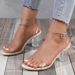 Nouvelles Chaussures d'été à Talons Hauts pour Femmes en Cuir PU avec Boucle, Bout Carré Ouvert et Talons Transparents en Cristal – Vente Flash - Product Image 2