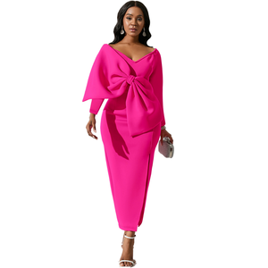 Elegante vestido Maxi rosa para mujeres de talla grande lazo en <span class=keywords><strong>V</strong></span> profundo cintura alta volantes encaje hasta el suelo tela de gasa manga larga - Product Image 1