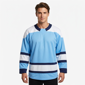 Maillot de hockey sur glace unisexe rayé bleu clair, blanc et marine, manches longues, anti-humidité, col en V, coupe classique, personnalisable sur le devant pour équipe - Product Image 1
