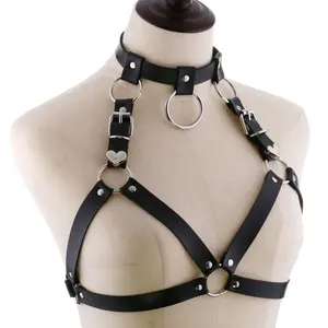 Sexy Punk Leather O Ring Collar Harness Belt Bra Body Bondage Ajustável Peito Correias Coração Cinto