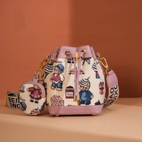 Nouveau sac seau en toile simple et polyvalent avec motif d'ours de dessin animé pour femmes, petite taille, bandoulière simple, style bandoulière