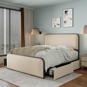 Letto matrimoniale moderno in metallo beige con testiera <span class=keywords><strong>e</strong></span> pediera curvate imbottite <span class=keywords><strong>e</strong></span> 4 cassetti contenitore - Product Image 1
