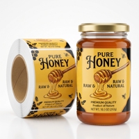Étiquettes personnalisées en rouleau, imperméables, résistantes à l'huile, autocollants brillants en vinyle pour bouteilles et pots de miel pur, étiquettes d'emballage alimentaire OEM ODM