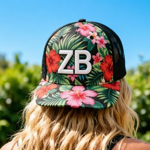 Custom 5 Panel Tropical Flower Trucker Hat Bulk <b>Flat</b> brim trucker hat Floral Print Mesh Trucker <b>Cap</b> for Gifts - Product Image 6