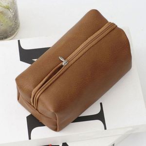 Solid-Color High-End PU Makeup Bag Soft Handle Zipper Closure Large Capacity Portable <b>Toiletries</b> <b>Storage</b> - Product Image 2