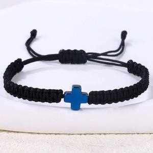 Bracelet en <span class=keywords><strong>hématite</strong></span> tissé à la main, réglable, avec croix chrétienne en acier inoxydable, bracelet porte-bonheur en cordon rouge, cadeau - Product Image 5