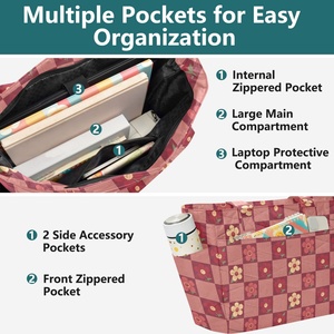 Bolsa de Hombro de Poliéster Acolchado con Estampado a Cuadros Rojos de 25L, Diseño Floral, Logotipo Personalizado, Bolsos de Mano para Mujer con Bolsillos Laterales - Product Image 4