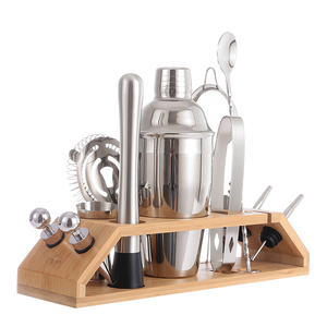 Ensembles de bar à la maison directe d'usine avec support en bois distributeur de <span class=keywords><strong>vodka</strong></span> 13 pièces outils de barre d'argent en acier inoxydable Jigger Cocktail Shakers - Product Image 4