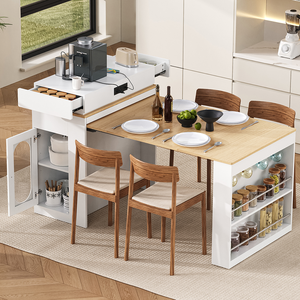 Modern Kitchen <b>Island</b> Extendable Solid Dining <b>Table</b> MDF Panel Double-sided Storage 2 Drawers Power Outlet Side Shelves - Product Image 2