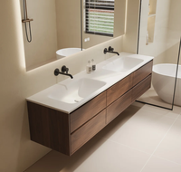 Lemari Kabinet Kamar Mandi Desain Minimalis Modern Mewah dari Walnut Melamin, Terpasang di Dinding, dengan Cermin LED dan Wastafel