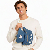 Sac banane unisexe en jean et toile, imperméable, forme oreiller, avec lettres en chenille motif dessin animé et fermeture éclair dorée, style décontracté urbain
