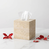 Boîte à mouchoirs personnalisée en résine OEM, ronde, beige, en polyrésine, imitation pierre de travertin, pierre de grès, support de papier de table, fabricant pour hôtels