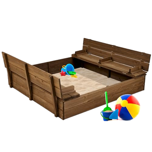 Children Wooden Sandbox for 2 to 4 Years Old Kids Outdoor Sandpits with Double Seats Bottom <b>Liner</b> - Product Image 1