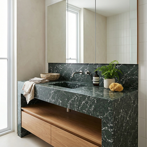 Encimera de Cuarzo de Ingeniería con Vetas Blancas y Verde Esmeralda Personalizada para Recepción de Hotel Moderno, Encimera de Cocina - Product Image 6