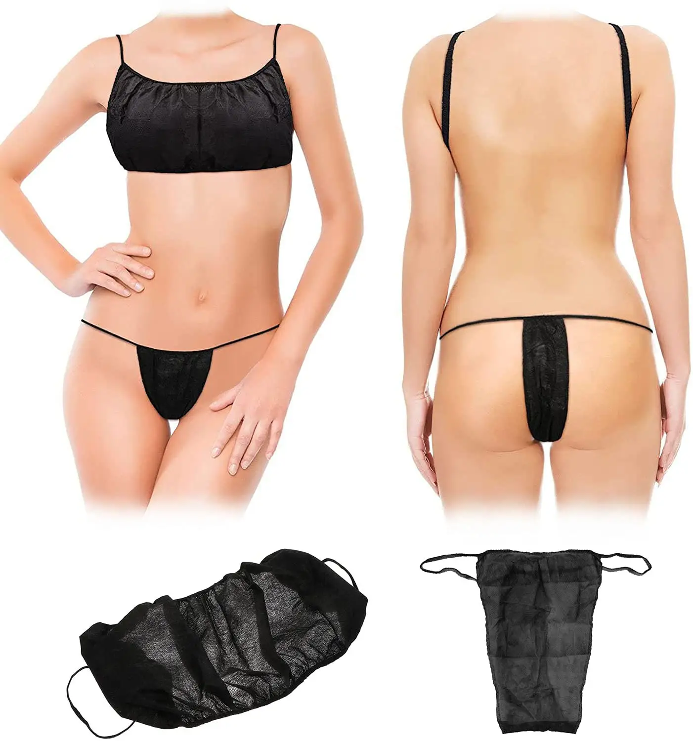 Conjunto de calcinha e sutiã descartáveis para meninas, roupa íntima de salão de beleza, não tecido, adequado para viagens em spa, preto sexy