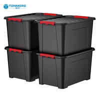 Bacs de rangement noirs de qualité industrielle avec couvercles à loquet rouge/gris, empilables, robustes