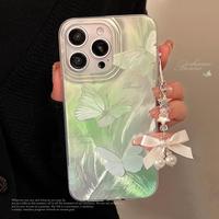Coque de téléphone Papillon Dégradé Vert, Housse Texture Fil avec Cordon Perlé pour iPhone 12/13 Pro Max/16/17
