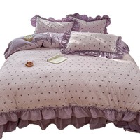 Parure de lit quatre pièces en tulle style frais, motif dentelle française, couvre-lit matelassé doux, dessin animé, plantes et fleurs