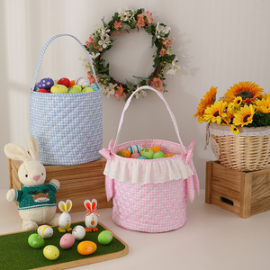 Bolsa de Algodón Acolchada con Lazo de Encaje, Diseño de Pascua, con Asas, Cesta de Almacenamiento a Rayas para Niños, Novedad al por Mayor - Product Image 2