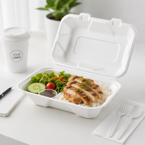 Sugarcane Clamshell <b>Lunch</b> <b>Box</b> 600ml 1000ml Compostable Bagasse Hinged <b>Compartment</b> Hot Meal Delivery Container Supplier - Product Image 3