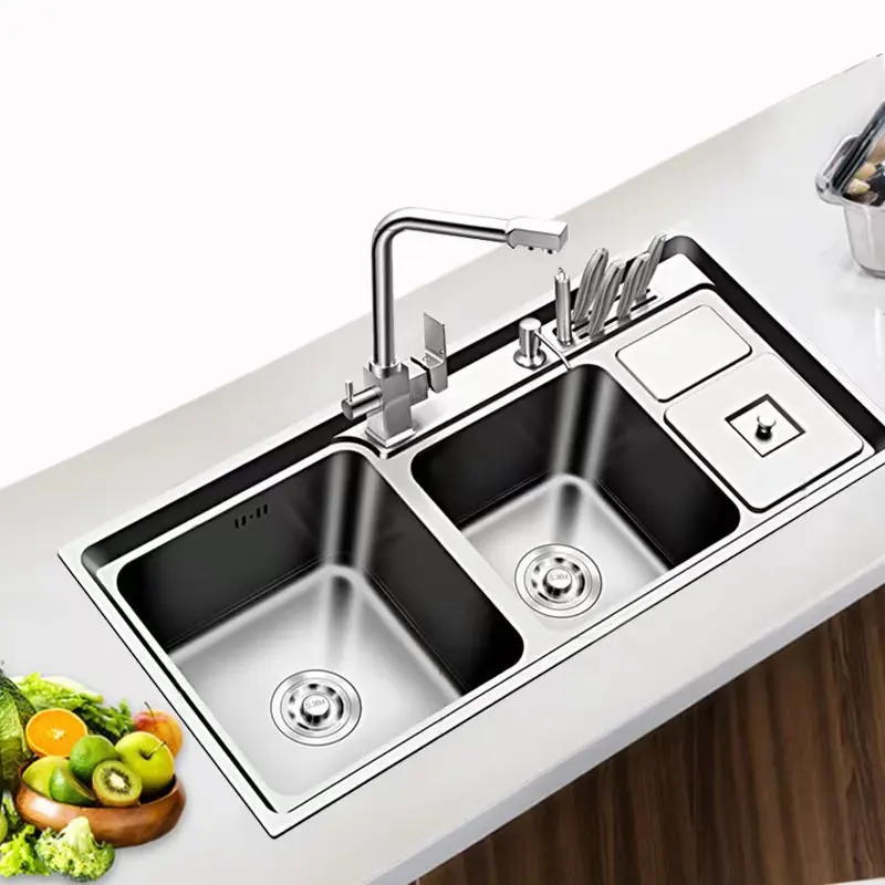 Double Two Slots Big Size Sus 304 Stainless steel Faucet Knife Holder Farmhouse Brusher Kitchen Sink with Garbage Can