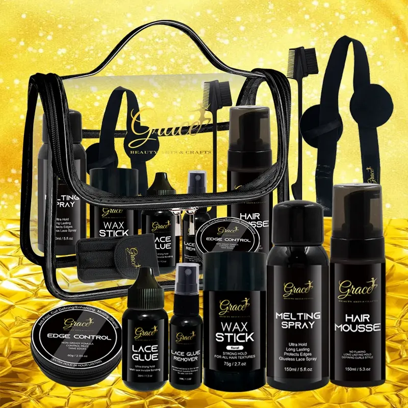 Private Label Lace Glue Remover Cera vara Cabelo Encaracolado Mousse Melting Spray Black Gold Lace Wig Instalar Kit com Travel Bag