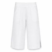 Pantalon de yoga capri blanc uni taille haute pour femme, coupe ample, jambe large, avec poches et fente latérale, idéal pour la gym et le yoga