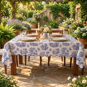 Nappe en lin de qualité supérieure avec imprimé toile bleue et bord festonné – Housse de table décorative vintage pour la maison, le restaurant - Product Image 2