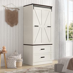 Armario de Madera SENYU Estilo Rústico de 2 Puertas con Paneles Elevados, Luces LED, Puerta Corredera Plegable Tipo Granero, Ecológico, para Dormitorio - Product Image 5