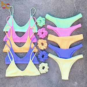 Oem Multi Stijl Custom Kleur Tweedelige Sexy Badpakken Voor Vrouwen 2023 Geribbelde Effen Vrouwen Bikini Set