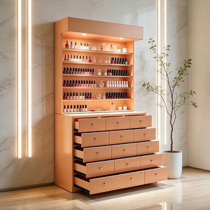 Meubles de salon de beauté, armoire de présentation <span class=keywords><strong>en</strong></span> bois orange, étagère moderne de luxe pour vernis à <span class=keywords><strong>ongles</strong></span>, étagères de salon avec tiroirs de rangement et éclairage - Product Image 1