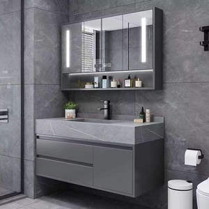 Modern <b>Wall</b> Mounted Bathroom Vanity <b>Set</b> with LED <b>Mirror</b> Cabinet Stone Basin Dark Finish In Contemporary Design - Product Image 5