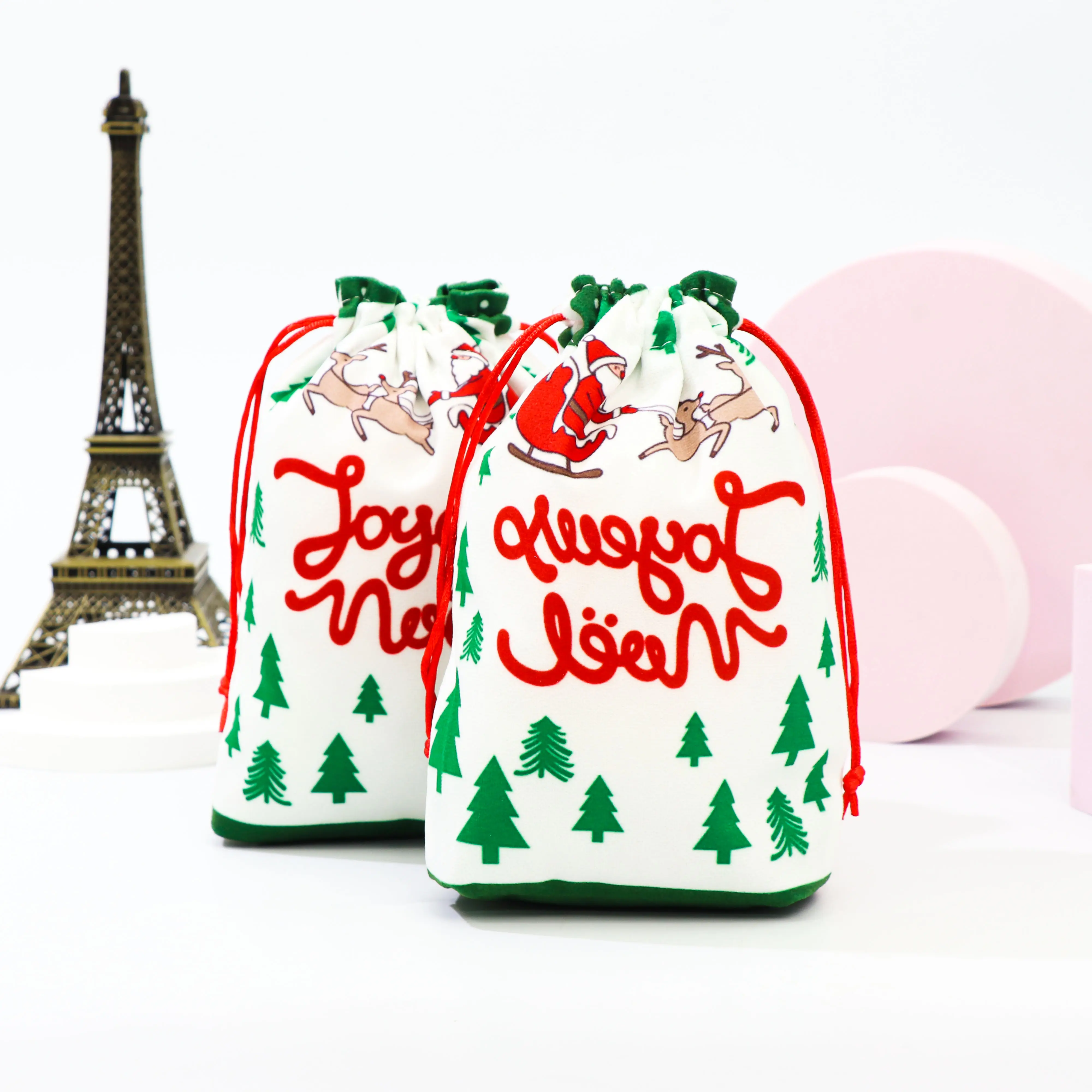 Vente en gros Sac à cordon en velours non tissé réutilisable Pochette de Noël éco-shopping avec logo pour cadeau de bonbons