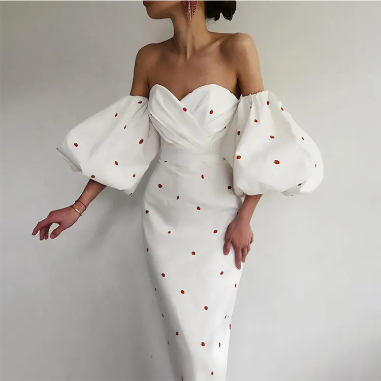 Bodycon Sexy Dresses Wholesale Short Puff Sleeve Strapless Backless Strawberry Printed Maxi Dress Pleated Sexy Bodycon Long Women Pencil Dresses